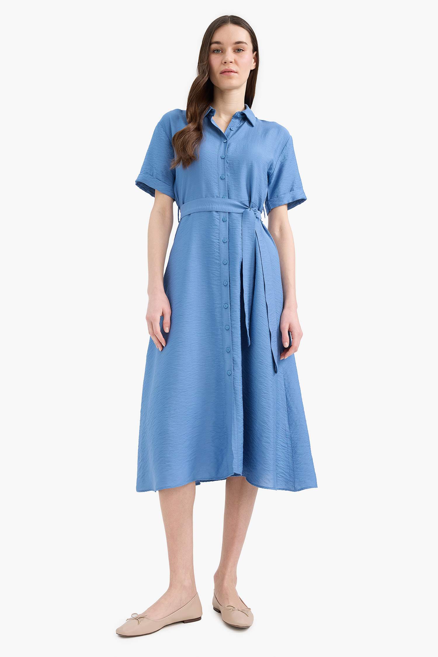 Regular Fit Shirt Collar Short Sleeve Midi Dress