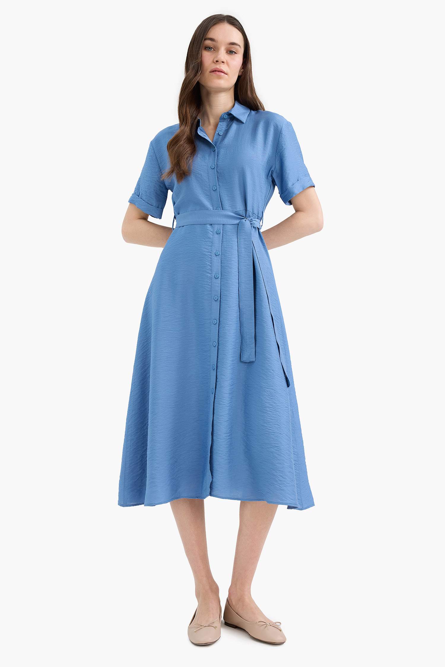Regular Fit Shirt Collar Short Sleeve Midi Dress