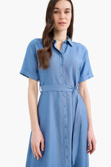 Regular Fit Shirt Collar Short Sleeve Midi Dress
