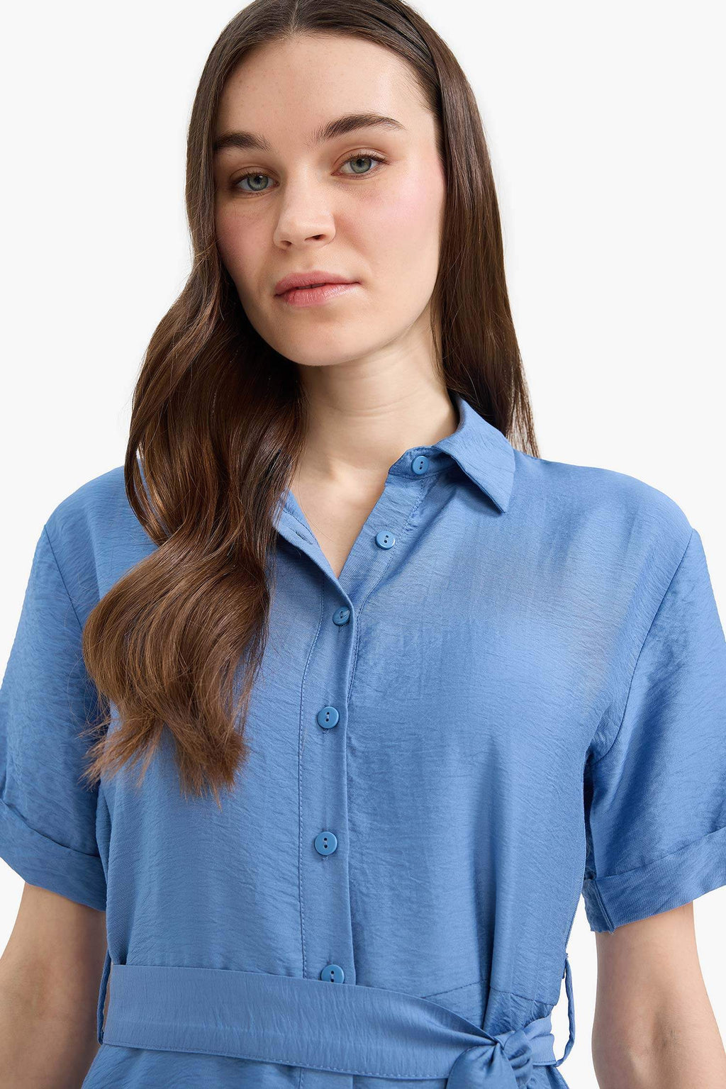 Regular Fit Shirt Collar Short Sleeve Midi Dress