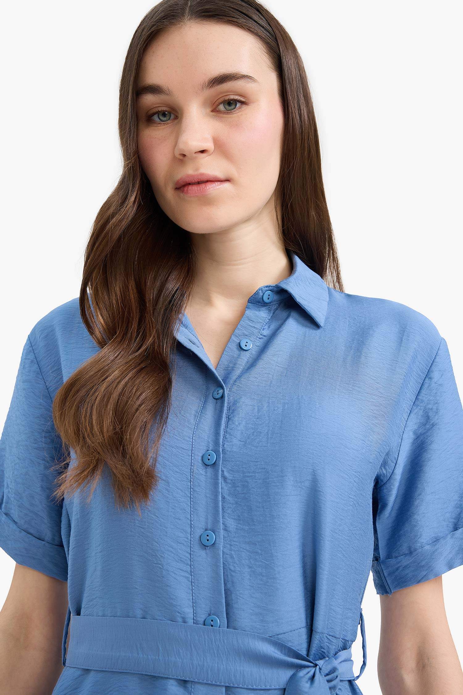 Regular Fit Shirt Collar Short Sleeve Midi Dress