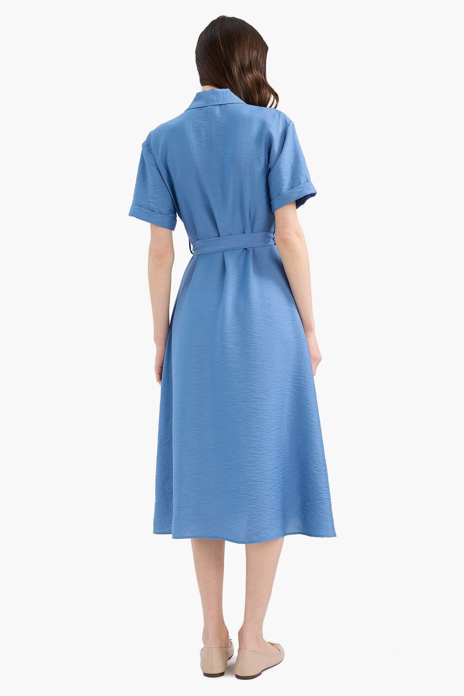 Regular Fit Shirt Collar Short Sleeve Midi Dress