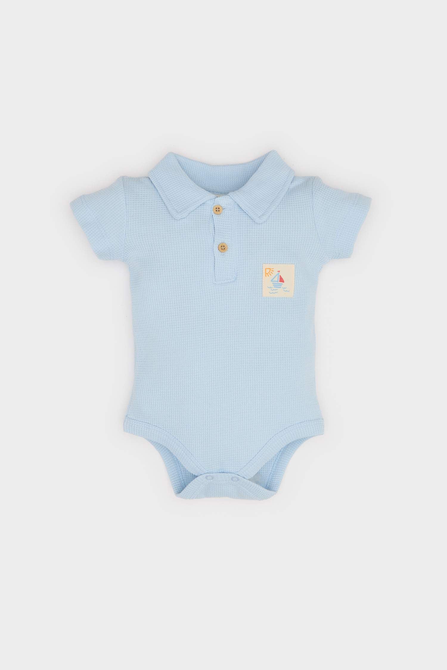 Male Baby Neonatal Polo Neck Printed Waffle Short Sleeve Snap Body