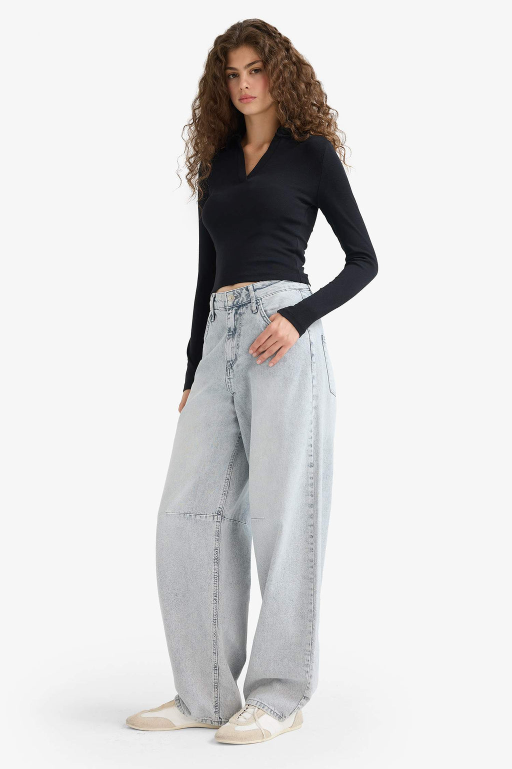 Fitted Polo Neck Basic Plain Modal Long Sleeve Black T-Shirt