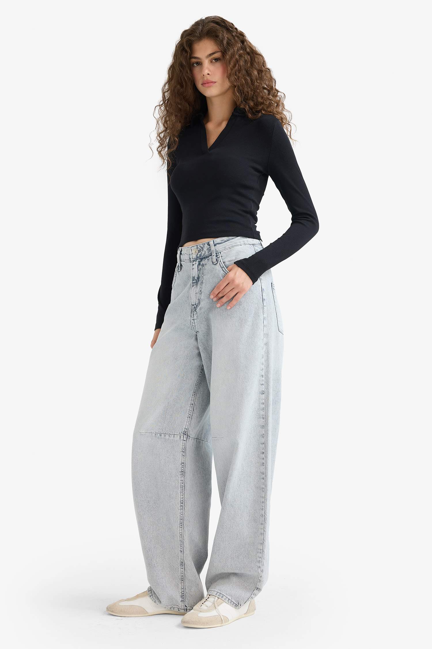 Fitted Polo Neck Basic Plain Modal Long Sleeve Black T-Shirt