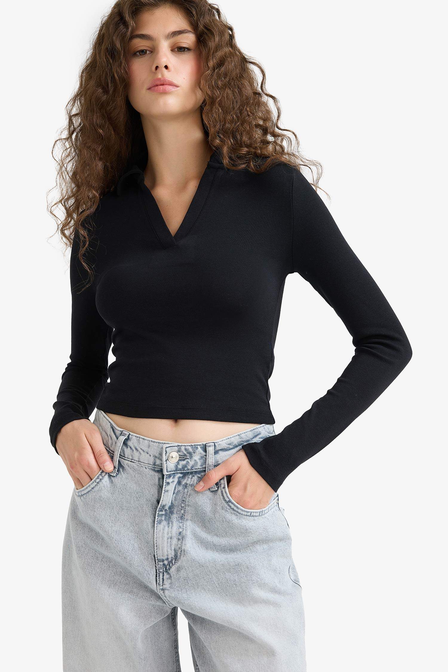 Fitted Polo Neck Basic Plain Modal Long Sleeve Black T-Shirt