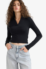 Fitted Polo Neck Basic Plain Modal Long Sleeve Black T-Shirt