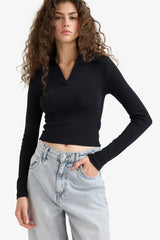 Fitted Polo Neck Basic Plain Modal Long Sleeve Black T-Shirt