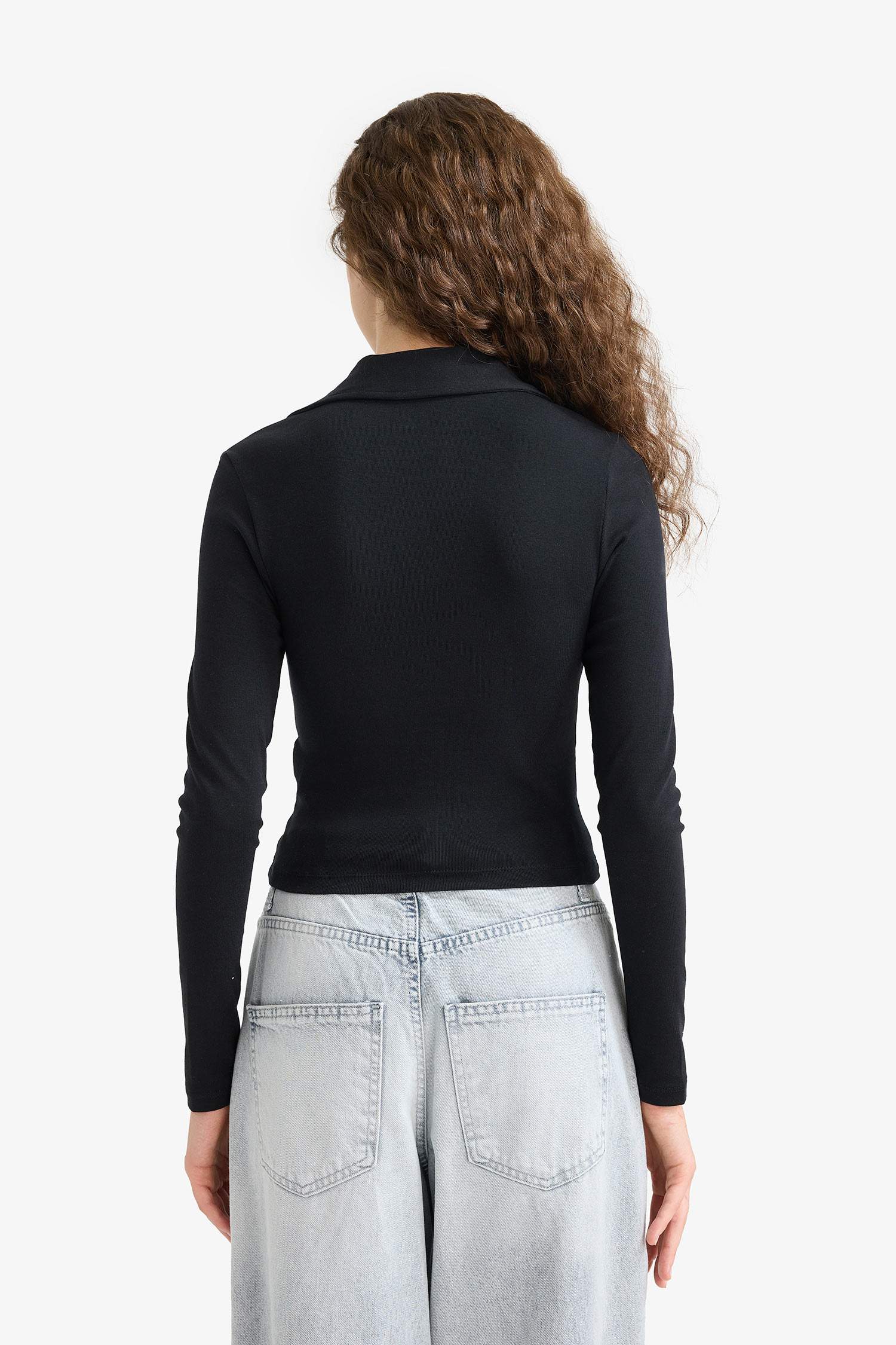 Fitted Polo Neck Basic Plain Modal Long Sleeve Black T-Shirt