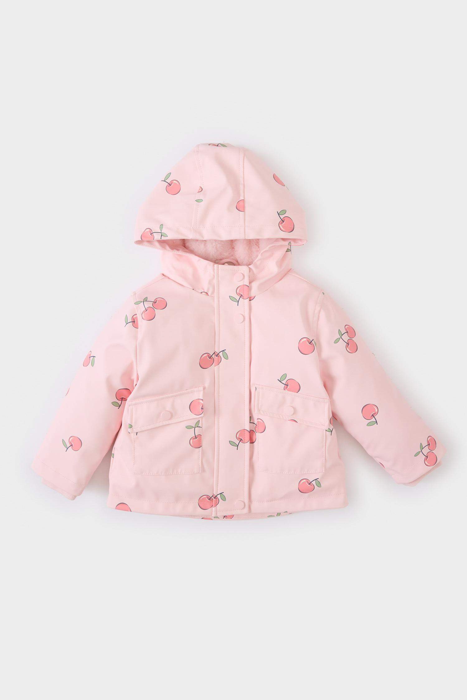 Baby Girl Windproof Waterproof Hooded Patterned Snap Pocket Coat