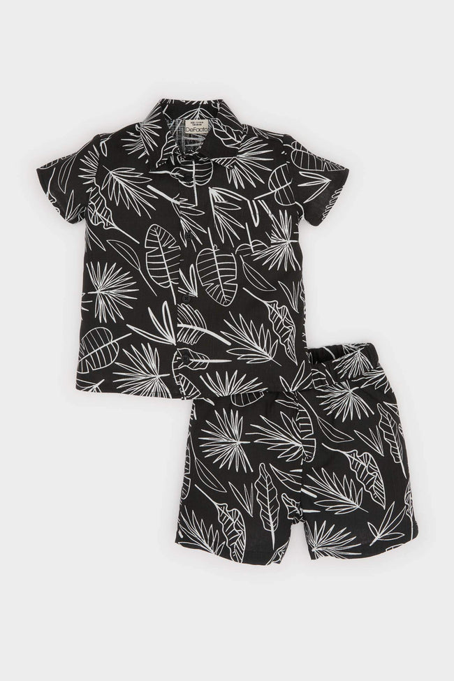 Man Baby 2 Pcs Set Patterned Flamed Poplin Short Sleeve Shirt Waist Rubber Shorts Main Image