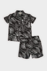 Man Baby 2 Pcs Set Patterned Flamed Poplin Short Sleeve Shirt Waist Rubber Shorts