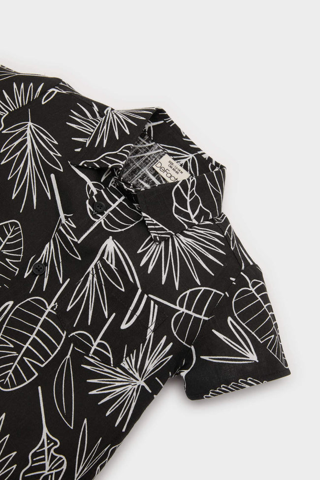 Man Baby 2 Pcs Set Patterned Flamed Poplin Short Sleeve Shirt Waist Rubber Shorts Hover Image