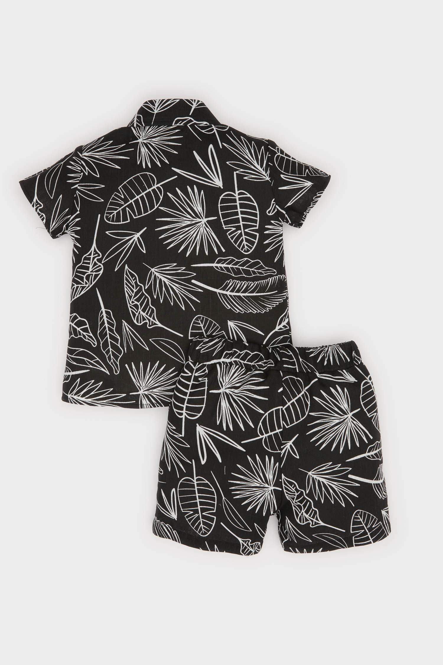Man Baby 2 Pcs Set Patterned Flamed Poplin Short Sleeve Shirt Waist Rubber Shorts
