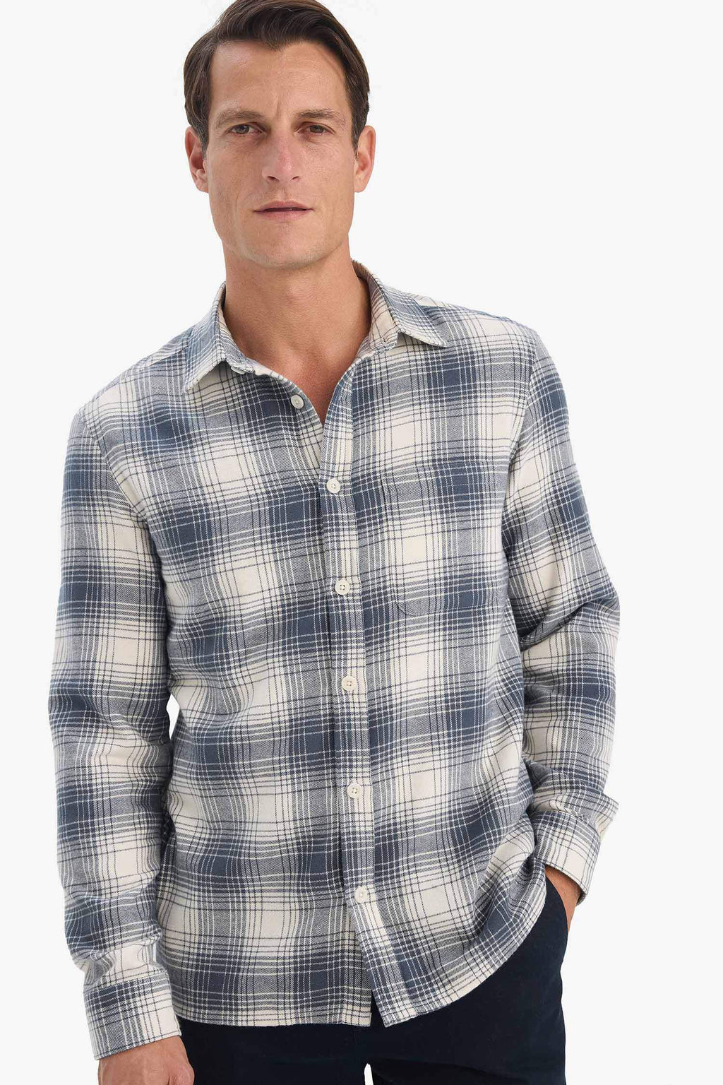 Regular Fit Polo Collar Checkered Flannel Long Sleeve Shirt