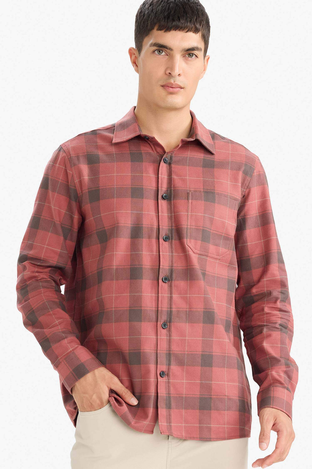 Regular Fit Polo Collar Plaid Cotton Long-Sleeve Shirt