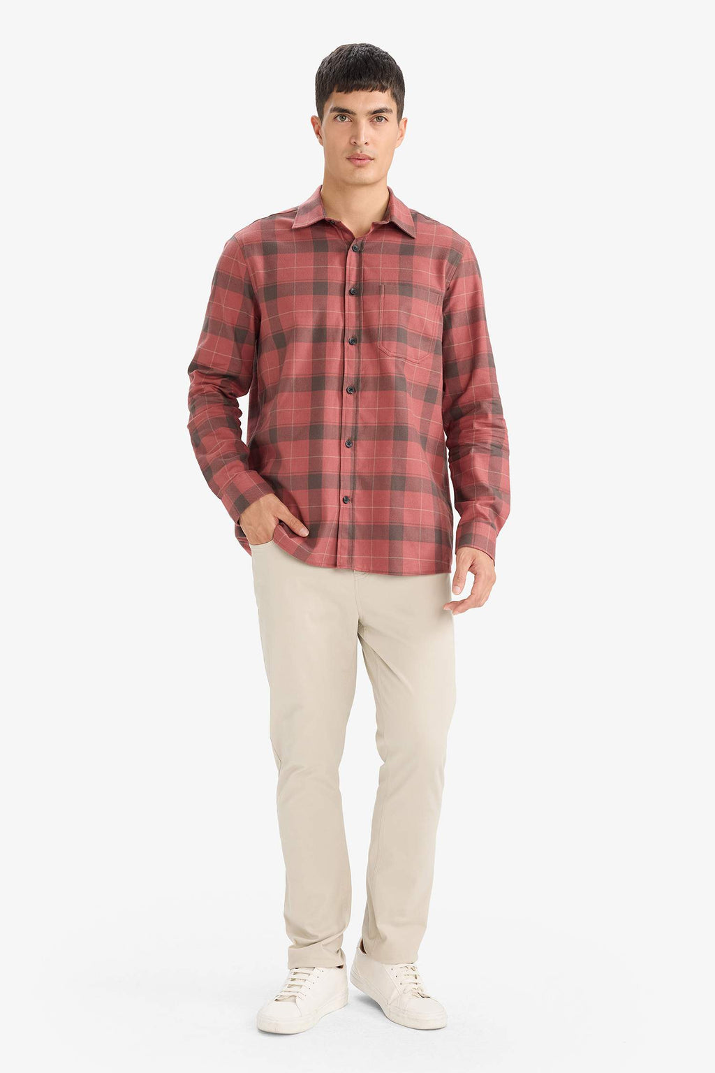 Regular Fit Polo Collar Plaid Cotton Long-Sleeve Shirt