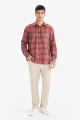 Regular Fit Polo Collar Plaid Cotton Long-Sleeve Shirt