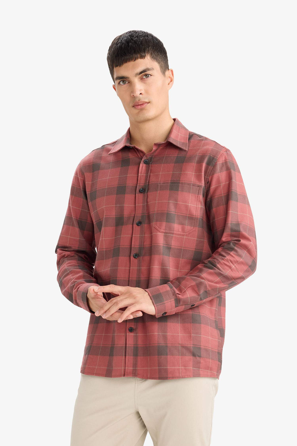 Regular Fit Polo Collar Plaid Cotton Long-Sleeve Shirt