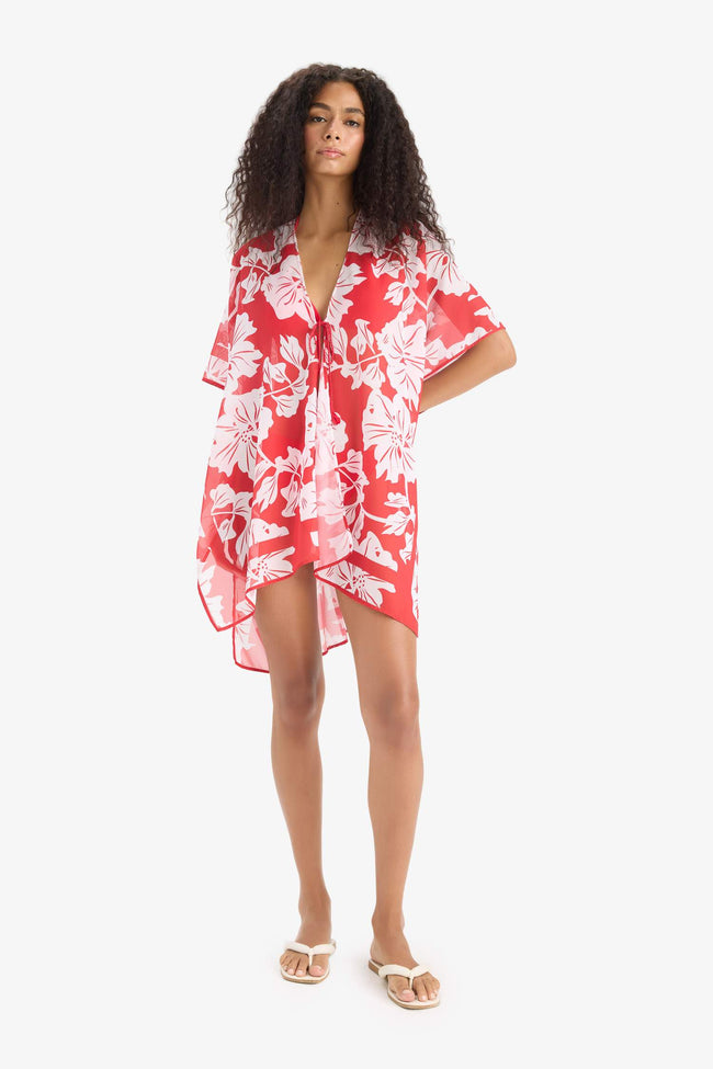 Regular Fit Tropical Printed Chiffon Beach Kimono-Fall in Love Main Image