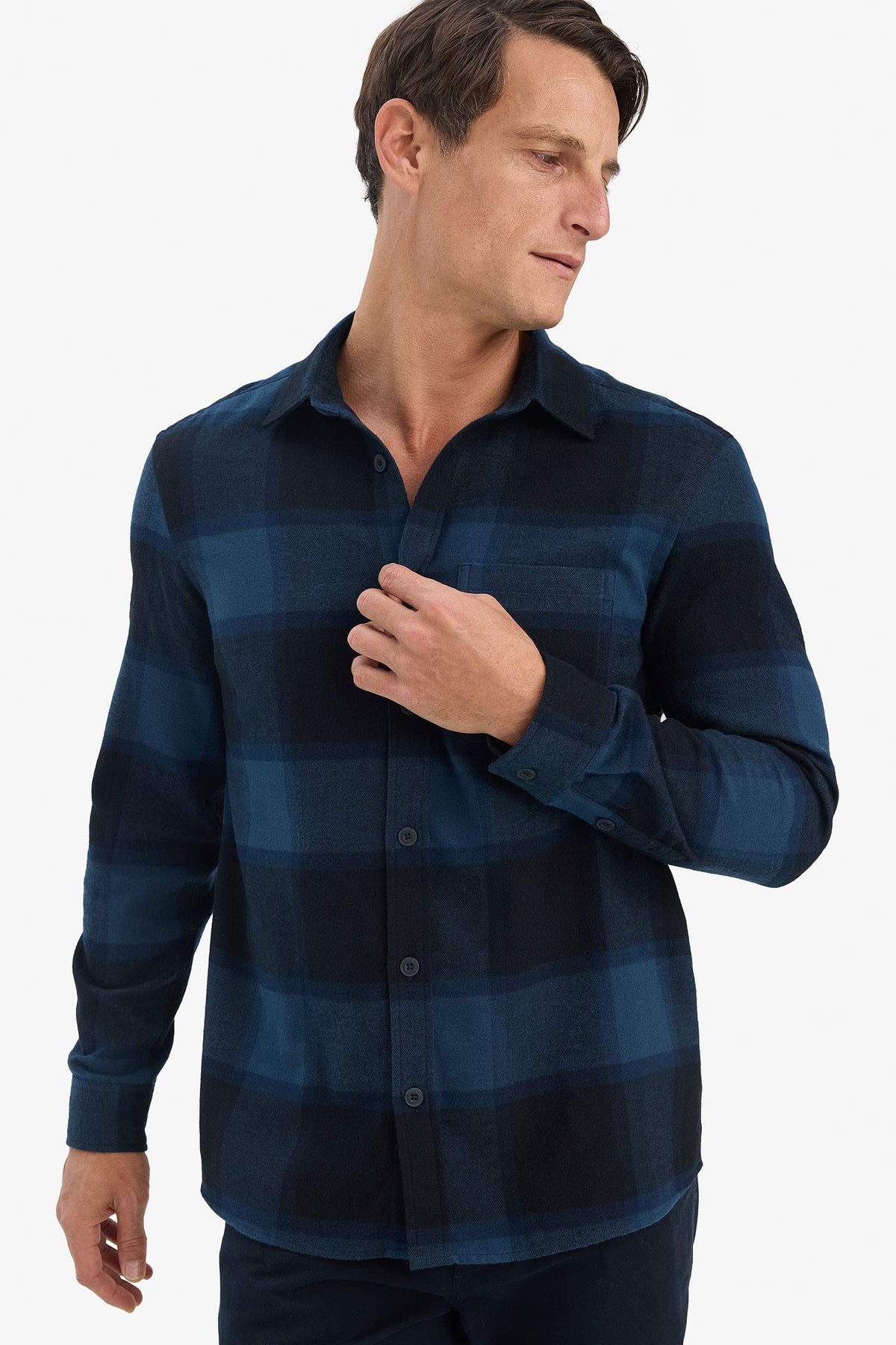 Regular Fit Polo Collar Checkered Flannel Long Sleeve Shirt