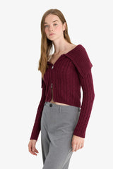Regular Fit Open Shoulder Zippered Knitwear Cardigan