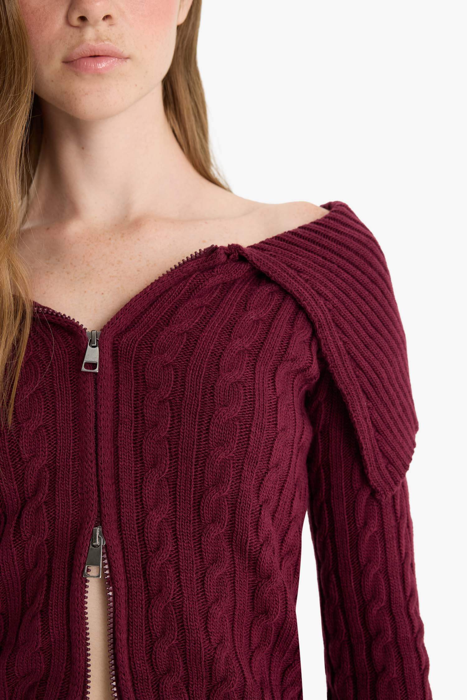 Regular Fit Open Shoulder Zippered Knitwear Cardigan