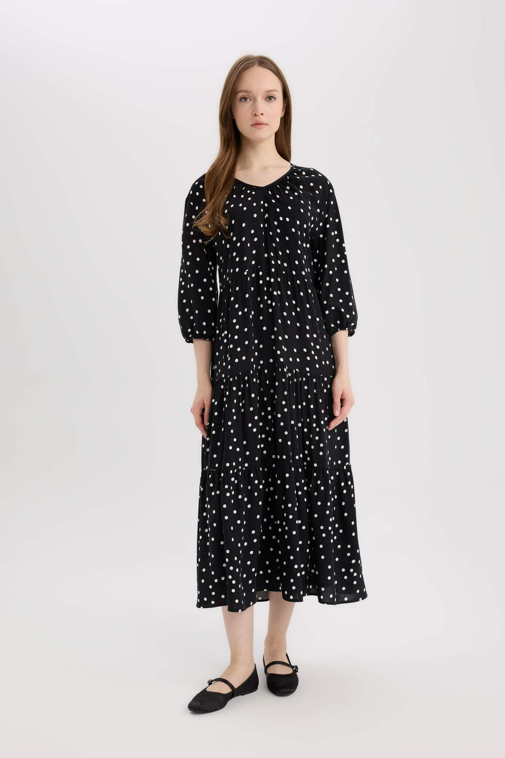 Regular Fit Patterned V Neck Long Sleeve Maxi Dress