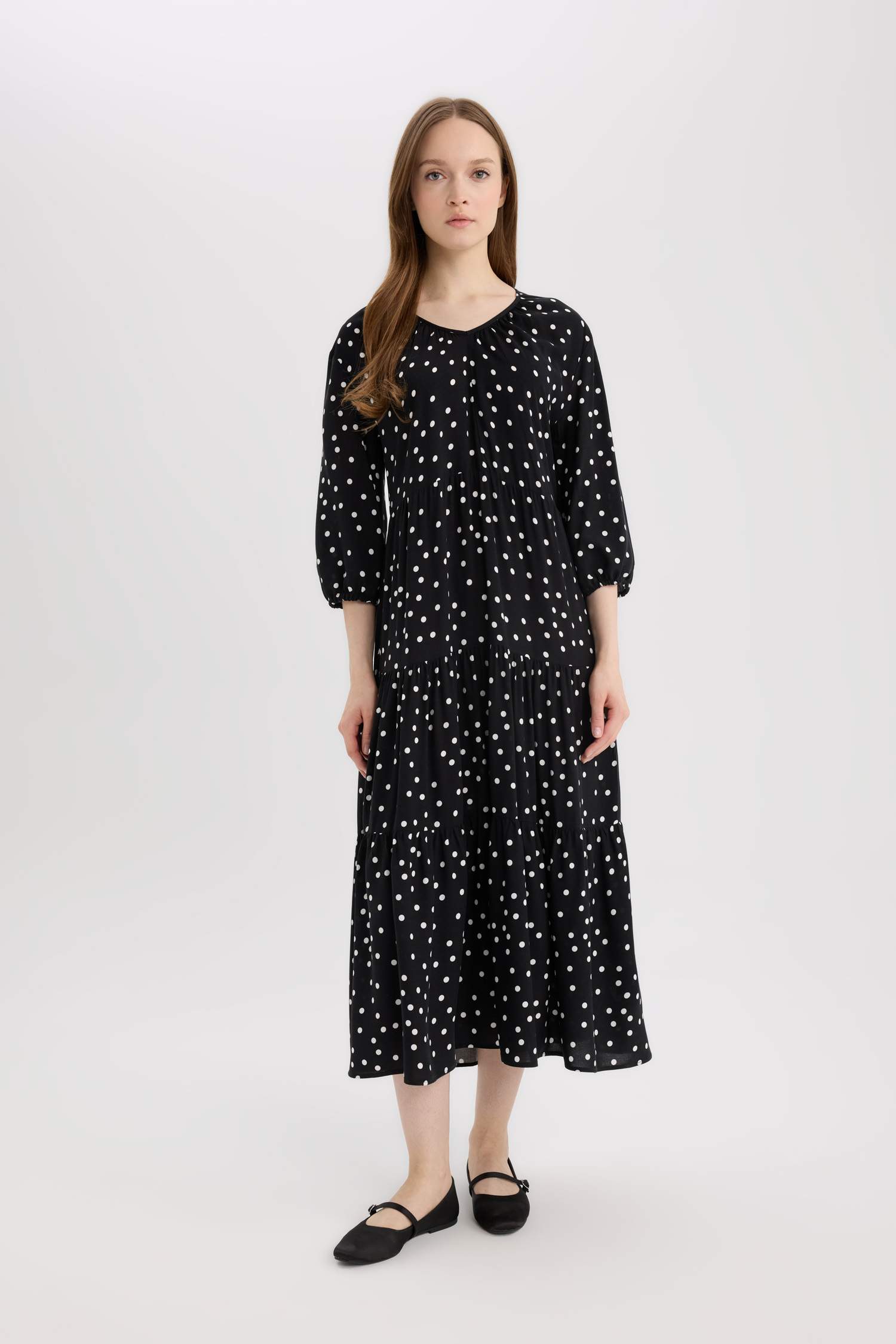 Regular Fit Patterned V Neck Long Sleeve Maxi Dress