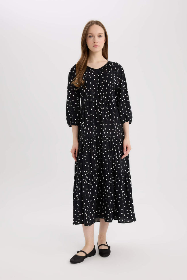 Regular Fit Patterned V Neck Long Sleeve Maxi Dress Hover Image