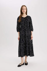 Regular Fit Patterned V Neck Long Sleeve Maxi Dress