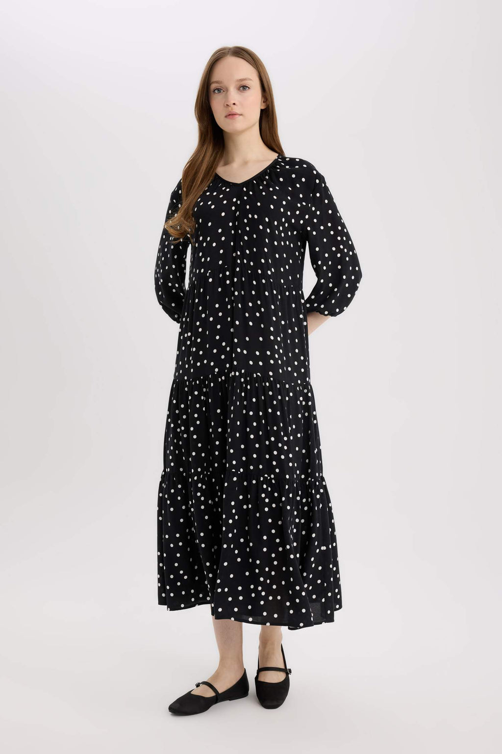 Regular Fit Patterned V Neck Long Sleeve Maxi Dress