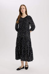 Regular Fit Patterned V Neck Long Sleeve Maxi Dress