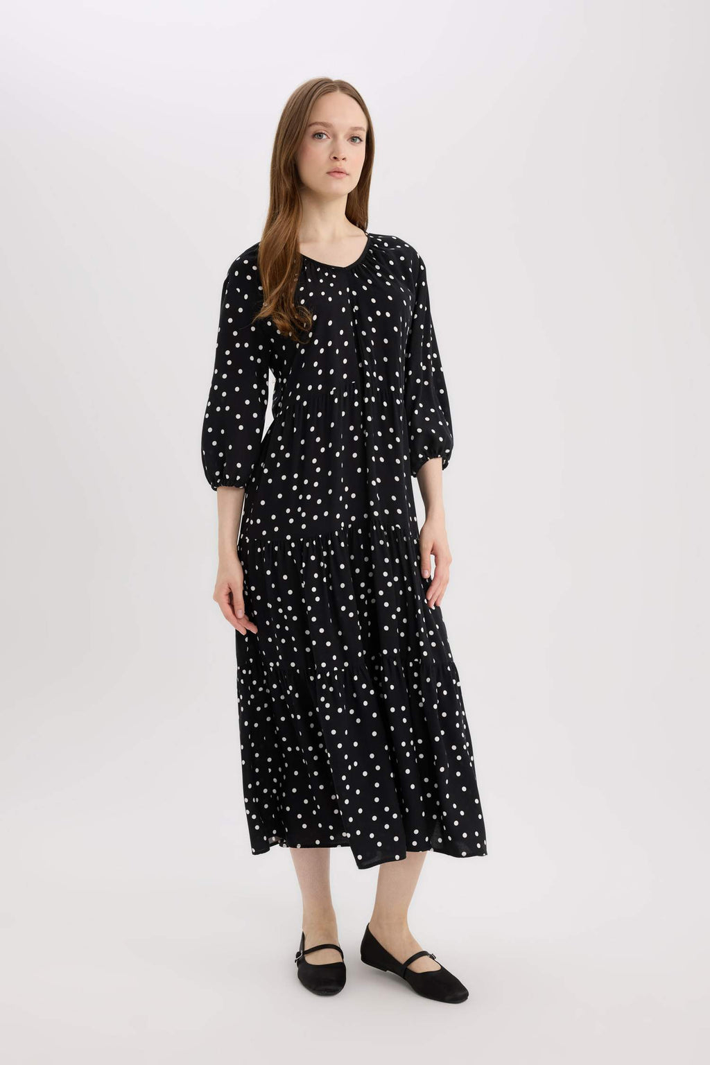 Regular Fit Patterned V Neck Long Sleeve Maxi Dress