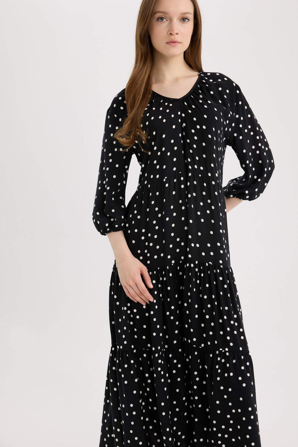 Regular Fit Patterned V Neck Long Sleeve Maxi Dress