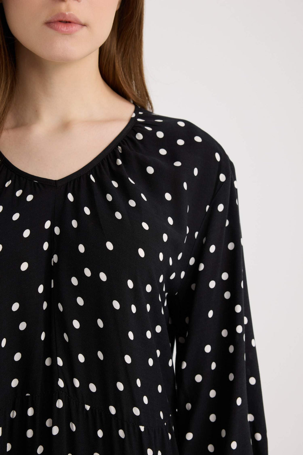 Regular Fit Patterned V Neck Long Sleeve Maxi Dress