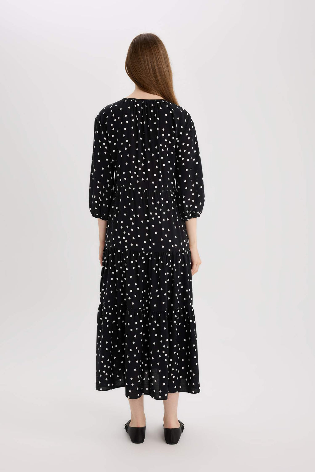 Regular Fit Patterned V Neck Long Sleeve Maxi Dress