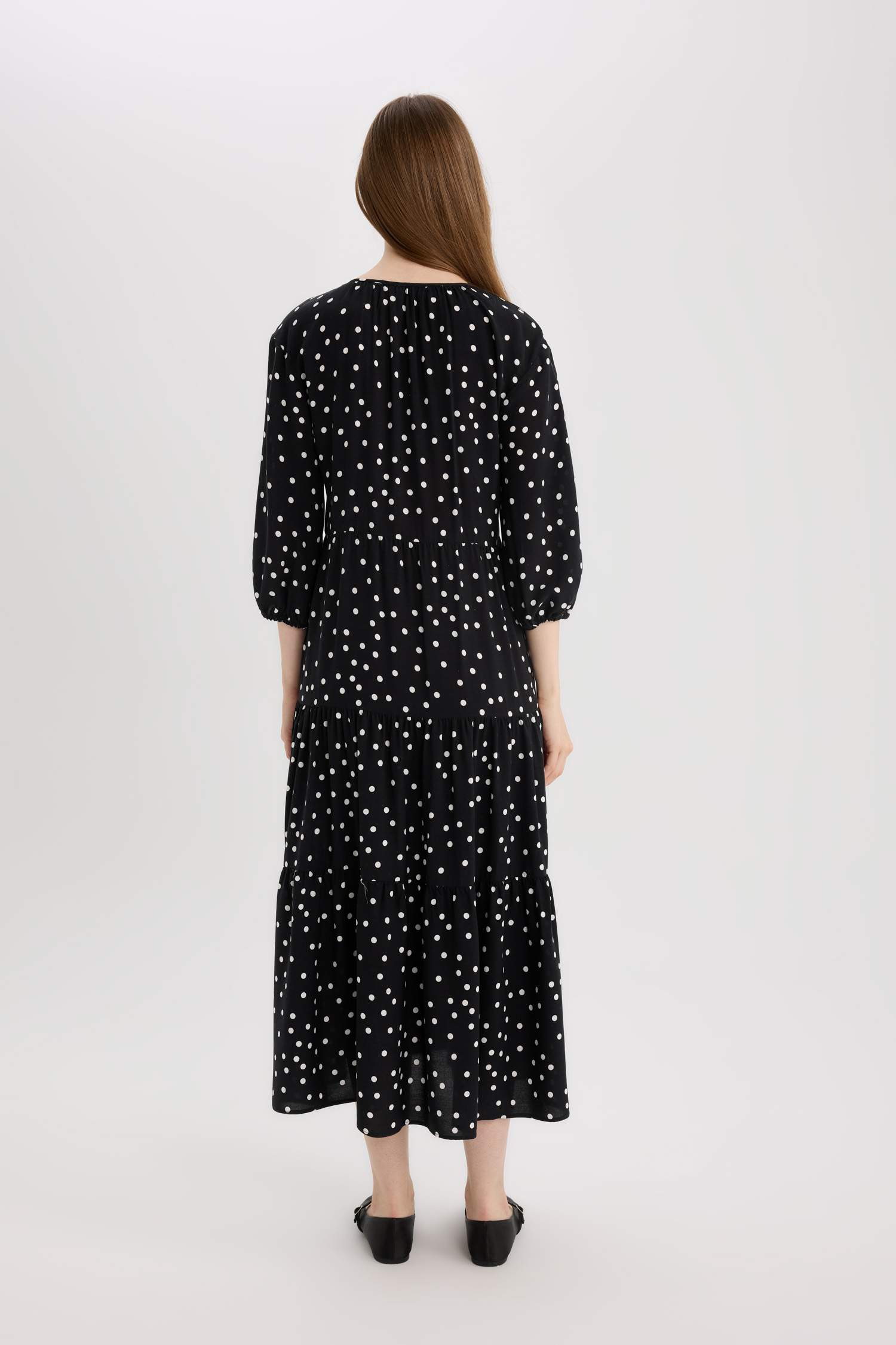 Regular Fit Patterned V Neck Long Sleeve Maxi Dress
