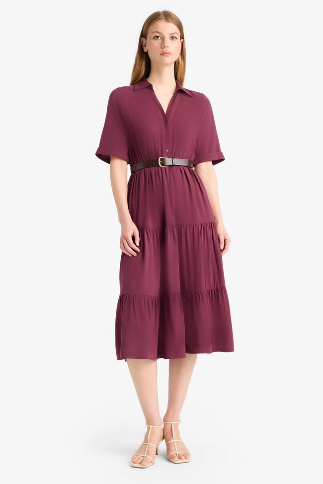 Midi dress with a shirt collar and short sleeves Hover Image