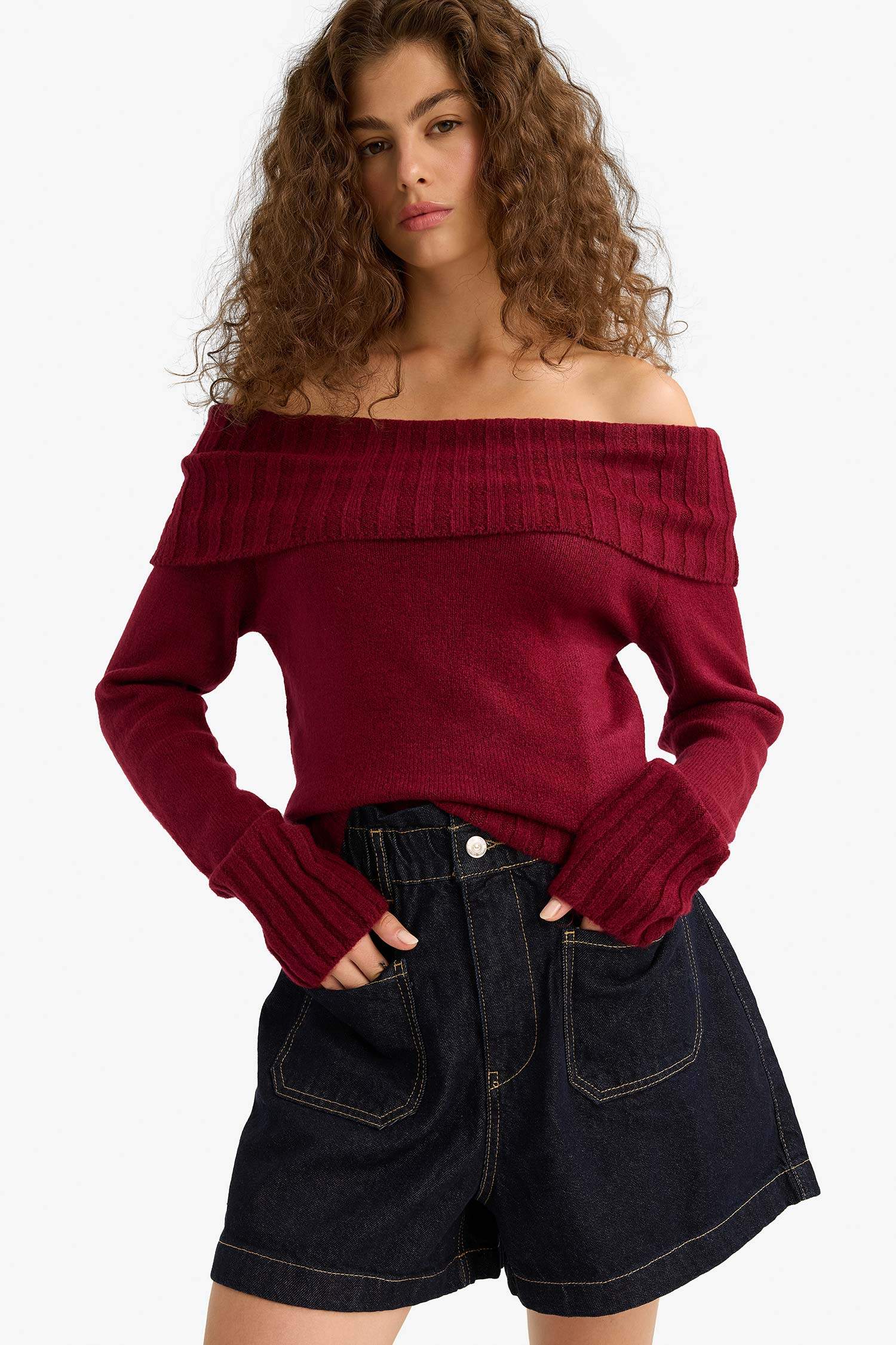 Slim Fit Slim Cut Open Shoulder Knitwear Sweater