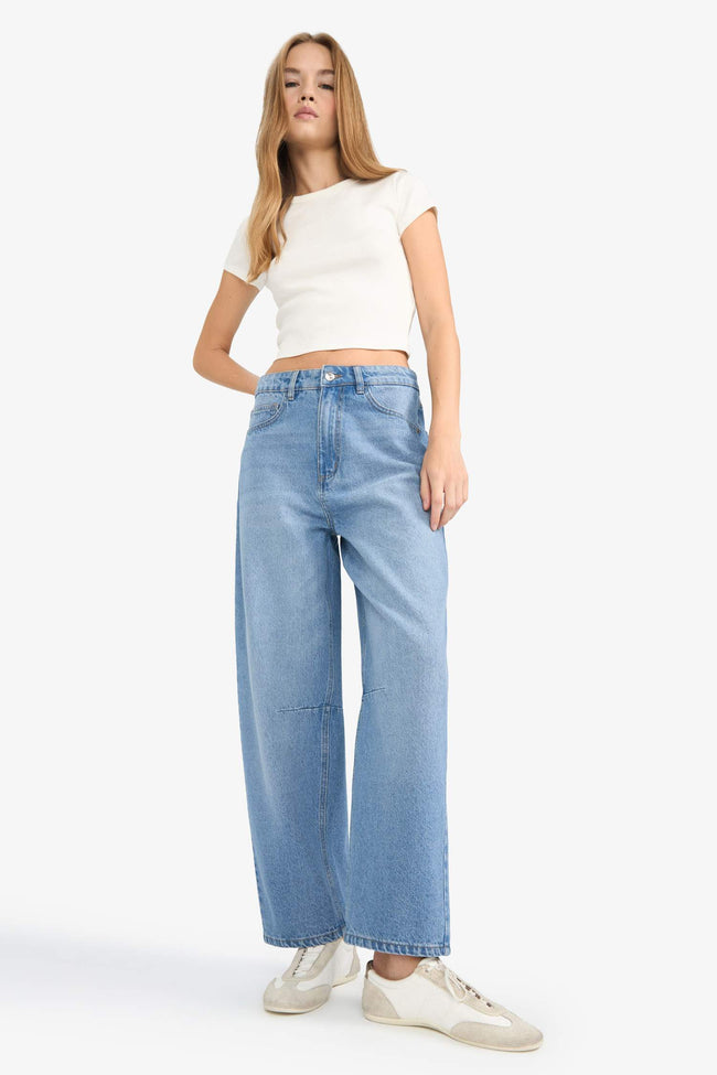 Regular Hem Denim High Waist Trousers Hover Image