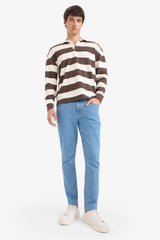 Boxy Fit Polo Neck Striped Waffle Sweatshirt