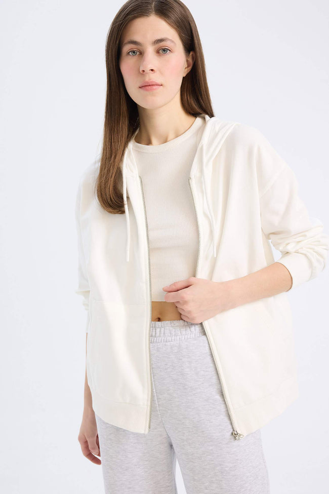 Relax Fit Hooded Basic Thin Sweatshirt Fabric Cardigan Hover Image