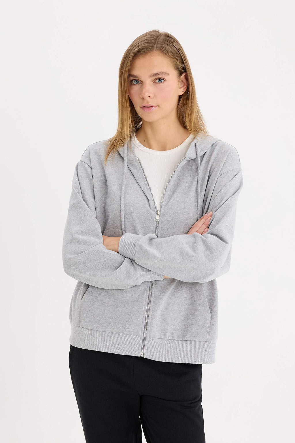 Relax Fit Hooded Basic Thin Sweatshirt Fabric Cardigan