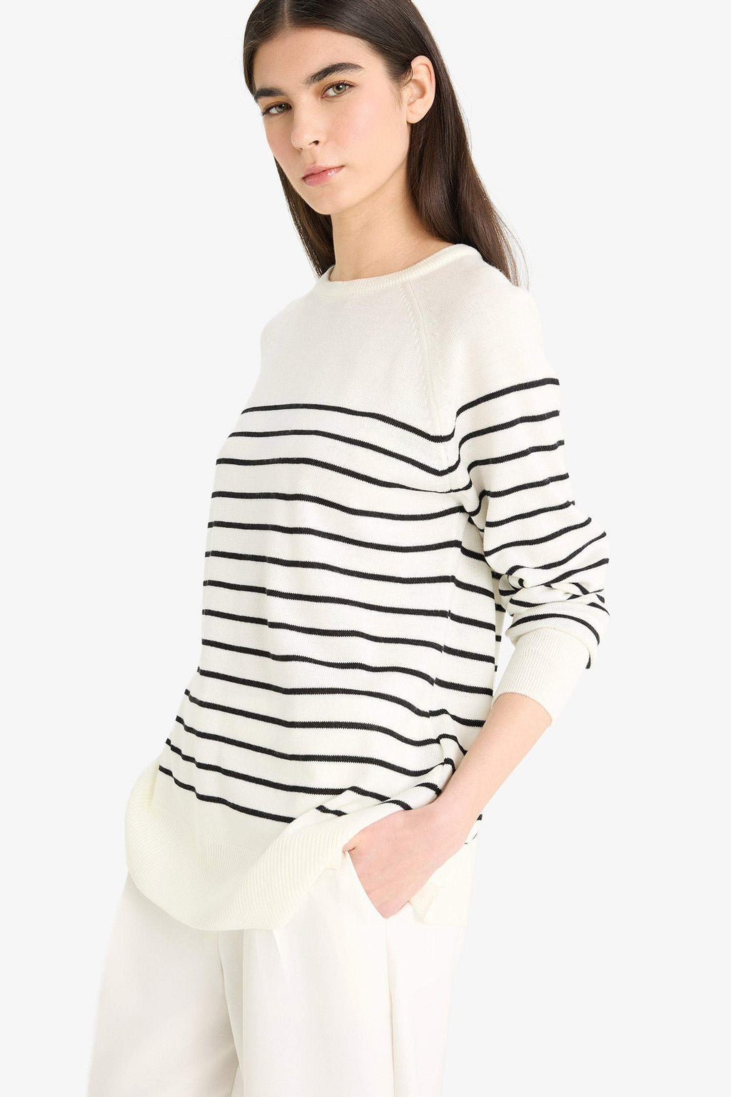 Regular Fit Crew Neck Striped Knit Sweater
