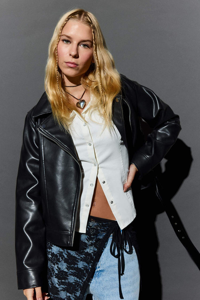 Regular Fit Zippered Faux Leather Jacket Coat Hover Image