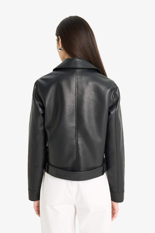 Regular Fit Zippered Faux Leather Jacket Coat Main Image