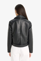Regular Fit Zippered Faux Leather Jacket Coat