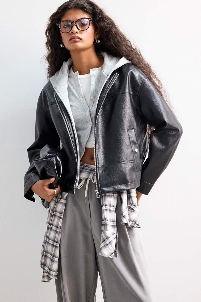 Relax Fit Faux Leather Jacket with Detachable Hood and Zipper Hover Image