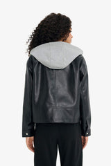 Relax Fit Faux Leather Jacket with Detachable Hood and Zipper